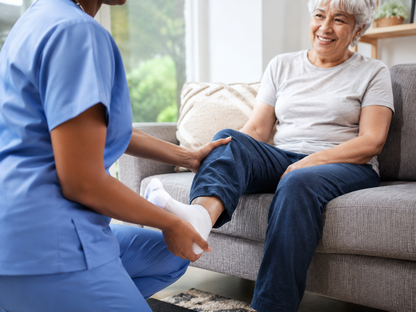 A home health nurse caring for a smiling senior at home